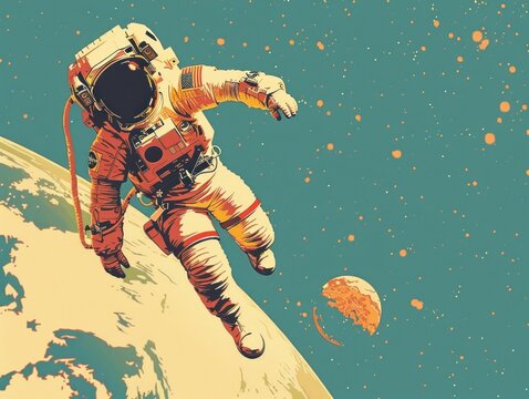 Retro astronaut floating with Earth in background vintage colors