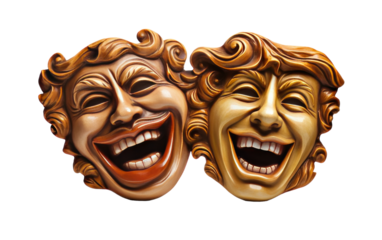 Two unique masks, placed side by side, revealing a reflection of contrasting emotions and hidden truths