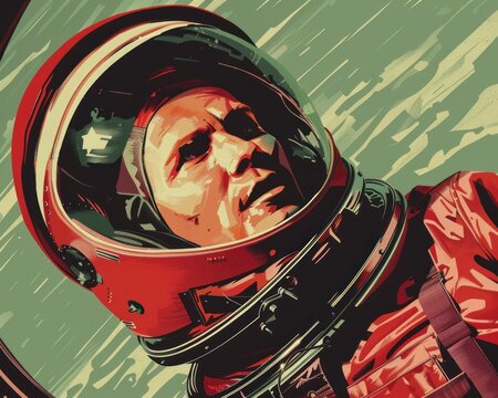 Illustration of Yuri Gagarin in orbit styled like a 1960s comic book