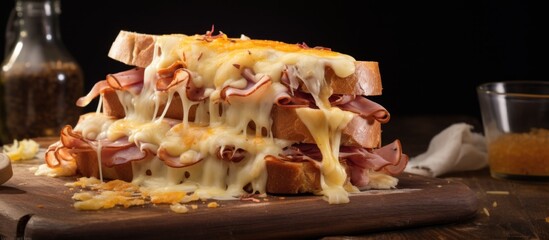 A delicious sandwich featuring layers of cheese and ham is showcased in a close-up shot on a wooden cutting board