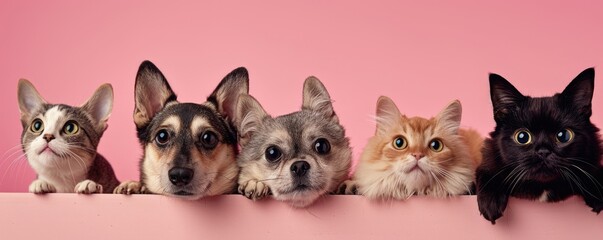 The picture of front view and close up of the multiple group of the various cat and dog in front of the bright pink background that look back to the camera with the curious and interest face. AIGX03. - Powered by Adobe