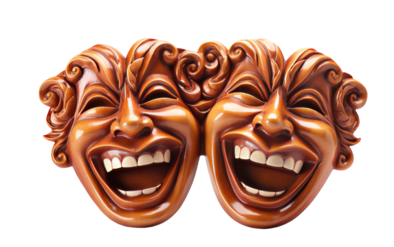 Two masks with faces carved out of chocolate, striking a surreal and artistic visual