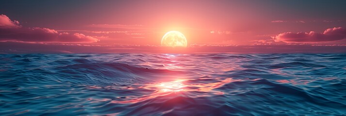 A beautiful sunset over the ocean with a full moon in the sky