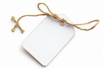 Brown string tied to blank tag on white background - obrazy, fototapety, plakaty