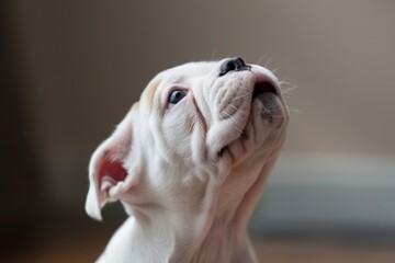 Bulldog pup eagerly barking for food