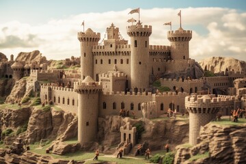 Fototapeta premium Fortified castle, Construction of a medieval fortified castle ,Historic medieval castle graces a hilltop, embraced by a surrounding moat, Ai generated