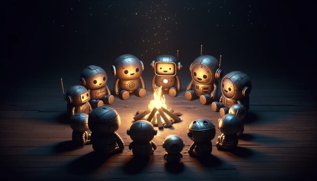 Gathering of Cartoon Robots Around a Campfire at Night