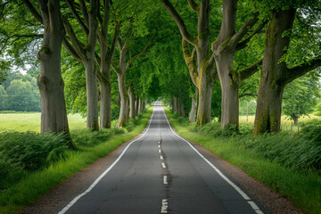 An empty road surrounded by trees and grass