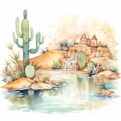 Aquarell Wüstenoase kleines Dorf Illustration - obrazy, fototapety, plakaty