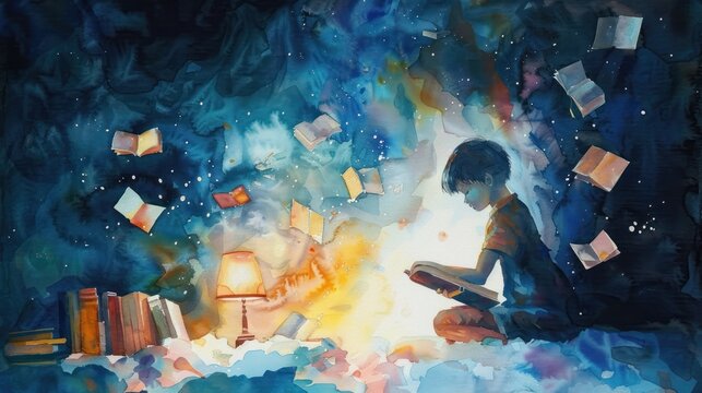 A whimsical watercolor painting of a child reading by lamp light surrounded by floating books