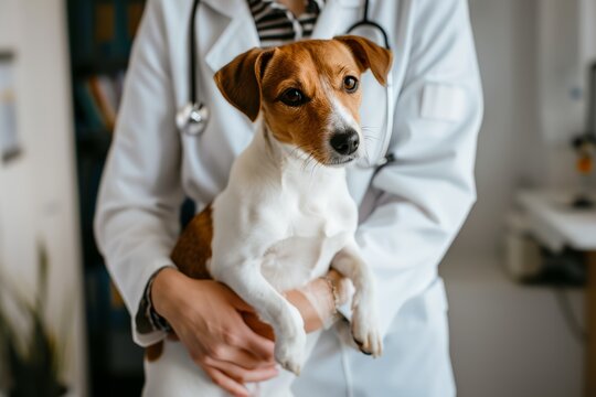 A woman in a white lab coat is holding a dog