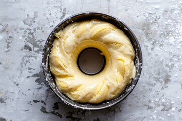 Cake batter in bundt pan ready for baking