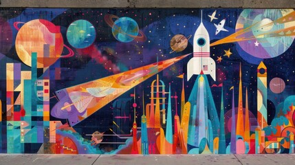 A vibrant mural depicting milestones in human space flight - obrazy, fototapety, plakaty