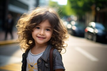 portrait of a cute little girl with long curly hair on the street