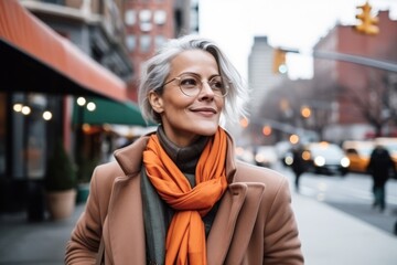 Portrait of a beautiful middle aged woman in glasses and orange scarf