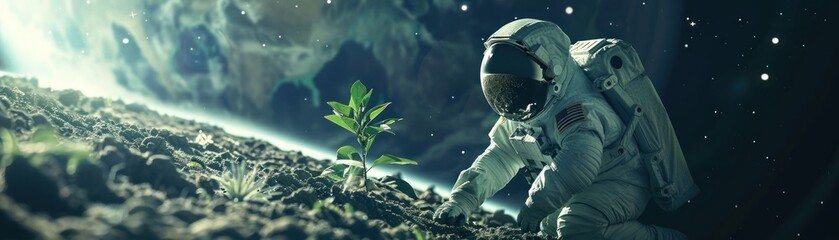 Astronaut planting a tree on an alien planet greening the cosmos