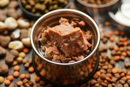 Canned pet food in bowl with dry food