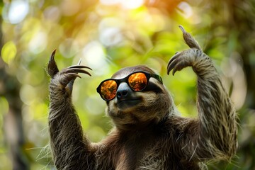 Fototapeta premium A sloth wearing sunglasses and holding its arms up