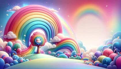 Whimsical Landscape with Rainbow Arches and Smiling Tree