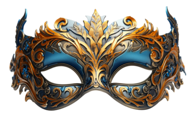 A stunning blue and gold masquerade mask standing out against a white background
