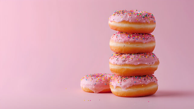 stack of pink donuts on side of pastel colored rose background