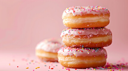stack of donuts with pink icing and colorful sprinkles on a rose pastel colored background