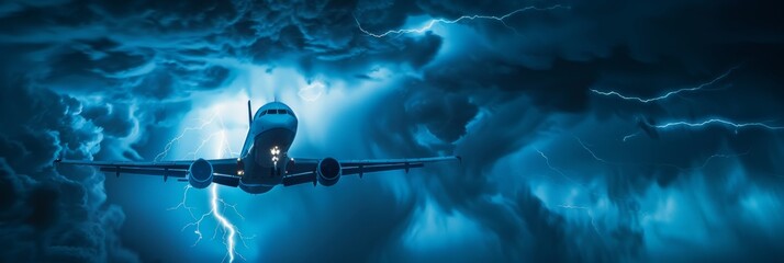Passenger plane in stormy weather with intense lightning
