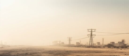 Desert beside of the main road with electricity posts and silhouette buildings - obrazy, fototapety, plakaty
