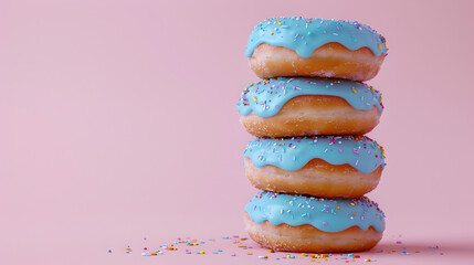 stack of donuts with blue icing glaze on pastel colored pink background and colorful sprinkles
