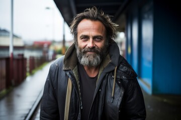 Portrait of a senior man with long gray hair and beard wearing a black leather jacket, standing outside a train station