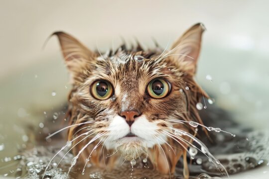 Cat bathing in water
