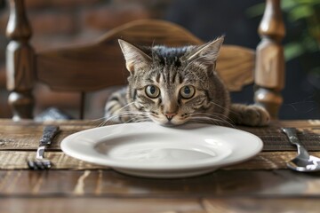 Cat hungry by empty plate with cutlery on table