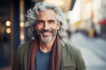 Portrait of handsome mature man with grey hair and beard looking at camera in city - obrazy, fototapety, plakaty
