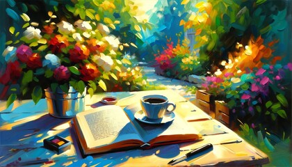 Serene Outdoor Reading Space with Vibrant Garden and Coffee - obrazy, fototapety, plakaty
