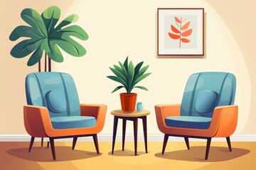 Cartoon style illustration of an interior of a psychotherapist office with two armchairs, coffee table and pictures on a wall