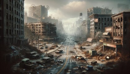 Desolate Urban Landscape of Post-Apocalyptic City Ruins - obrazy, fototapety, plakaty
