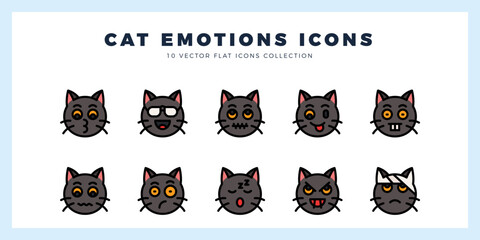 10 Cat Emotions Flat icon pack. vector illustration.