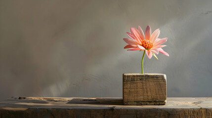 A solitary pink daisy stands elegantly in a rustic concrete vase atop a weathered wooden surface, against a muted gray background.