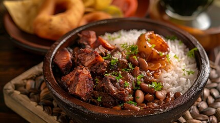 Belizean cuisine. Rice & beans - rice with beans and some kind of meat, beef, pork or chicken. - obrazy, fototapety, plakaty