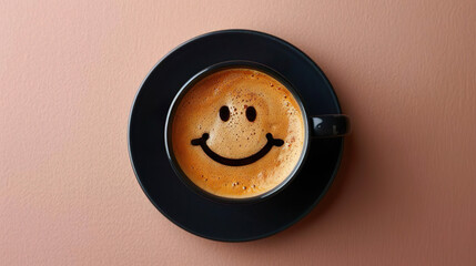 happy morning: top down view of a black coffee cup coaster with foam forming a smile 