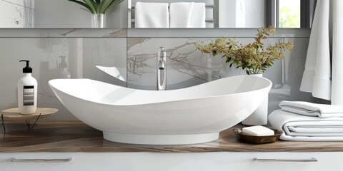 A white sink with a silver faucet sits on a wooden counter