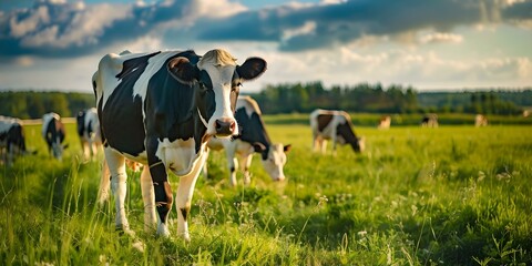 Cows grazing in a sustainable agriculture field on an ecofriendly farm in the countryside . Concept Agriculture, Cows, Grazing, Sustainable Farming, Ecofriendly Practices - obrazy, fototapety, plakaty