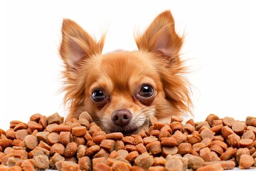 Chihuahua dog hungry near food white background - obrazy, fototapety, plakaty