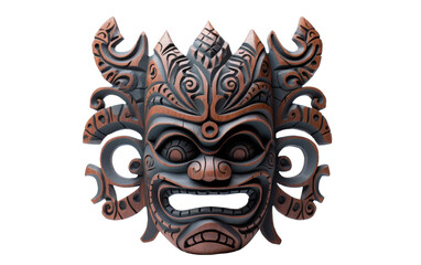 A mystical wooden mask with intricate carvings and a mysterious aura