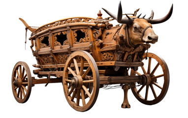 Fototapeta premium A striking sculpture portraying a powerful bull pulling a beautifully crafted wooden carriage