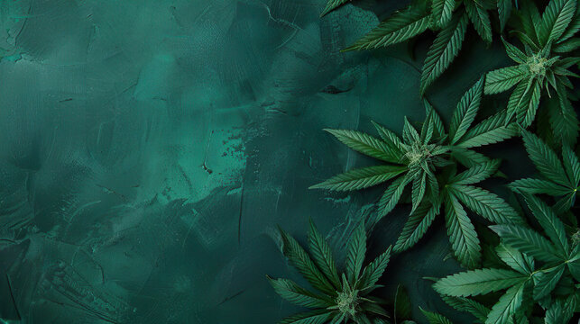 top view of green marijuana leaves on right side of green painted wall floor background