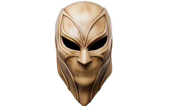 An otherworldly, intricate alien mask displayed against a stark white backdrop