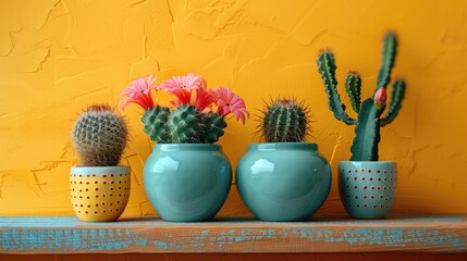 cacti on simple pastel color pot on wooden shelf; light yellow wall background with copy space