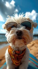 Super cute photorealistic baby dog with sunglasses on holiday by the ocean and beach - sunny day - funny