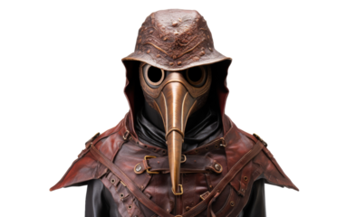 A man adorned in a plague mask and costume poses dramatically in a historical reenactment